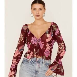 NEW Free People Paradise Top Blouse sz Med Sheer Chiffon Bell Sleeve Cocoa Combo